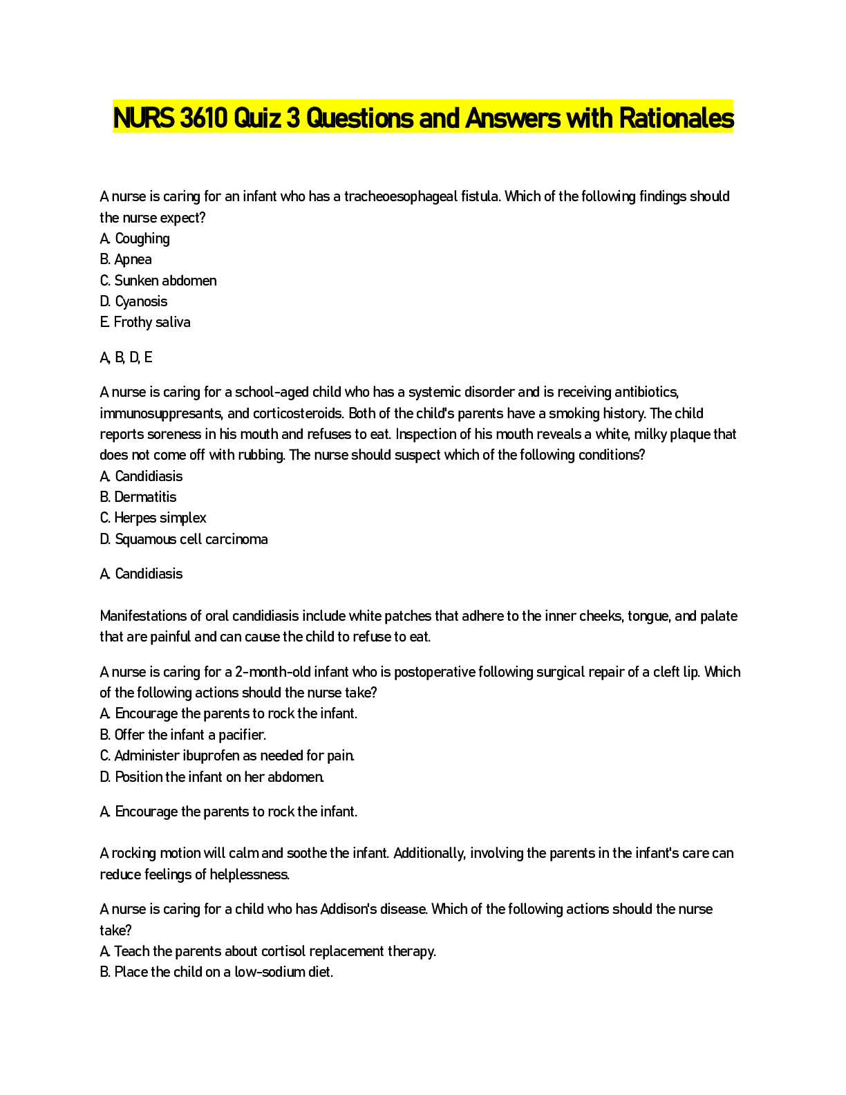 Preview of NURS 3610 Quiz 3 Questions and Answers with Rationales